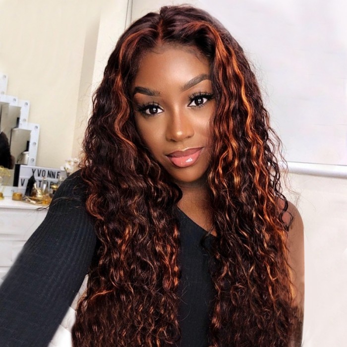 UNice Brun Cheveux avec Ginger Highlights Deep Wave Lace Front Perruque