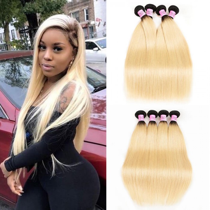 UNice Cheveux 1B / 613 Honey Blondes Ombre droits vierges humains cheveux 4 faisceaux ombres