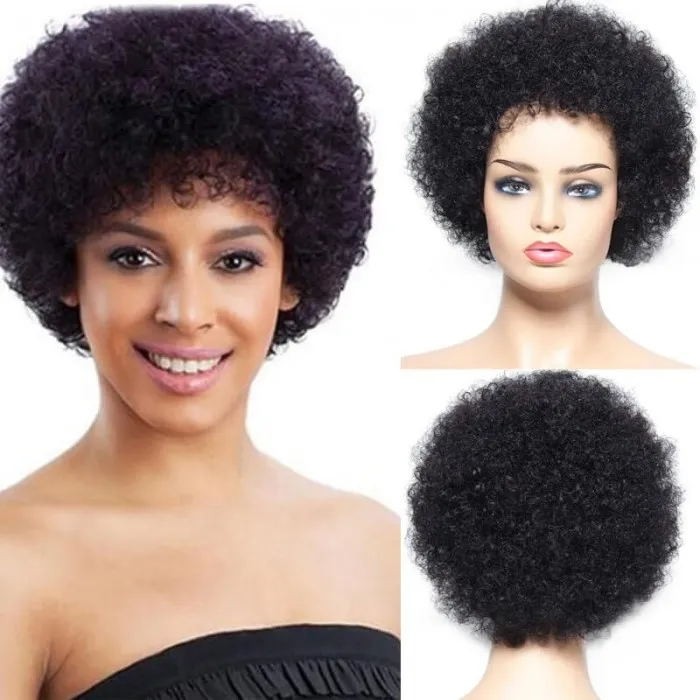UNice Courte Bob Naturelle Noire Couleur Afro Bouclé Perruques avec Franges Humain Cheveux pour Femme 12 pouces