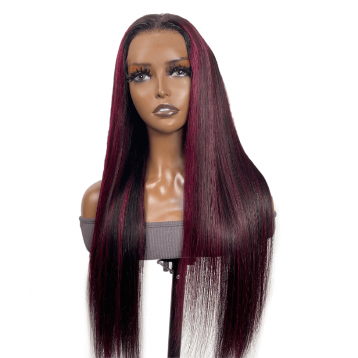 UNice Burgundy Face Framing Highlights 13x4 Lace Front Straight Wig