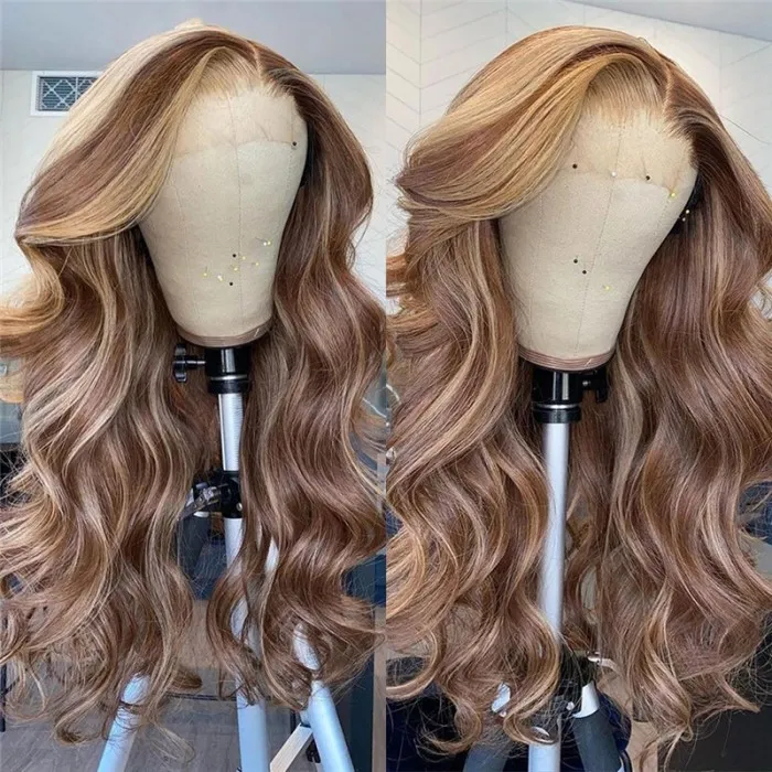 UNice Honey Blonde Highlight Naturelle Dentelle Frontal Perruques Humain Cheveux Body Wave Ondulé Coloré Perruque Bettyou Series