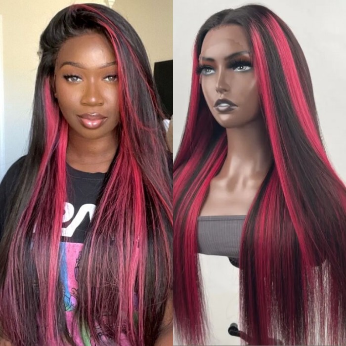 UNice Black With Red Highlight 13x4 Lace Front Straight Wig