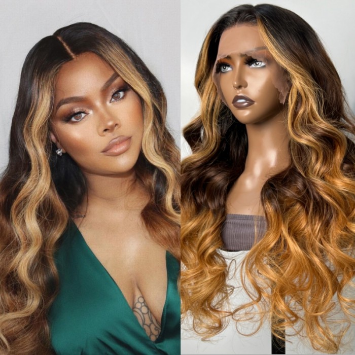 UNice 13x4 Lace Front Black With Golden Blonde Highlights Beyon-Celebrity Style Loose Wave Ombre Wig