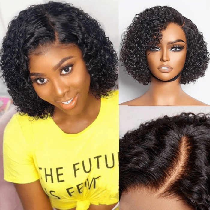 UNice Bye-bye Knots Lace Frontal Side Part Noire Perruque Courte Bouclé Bob Perruque