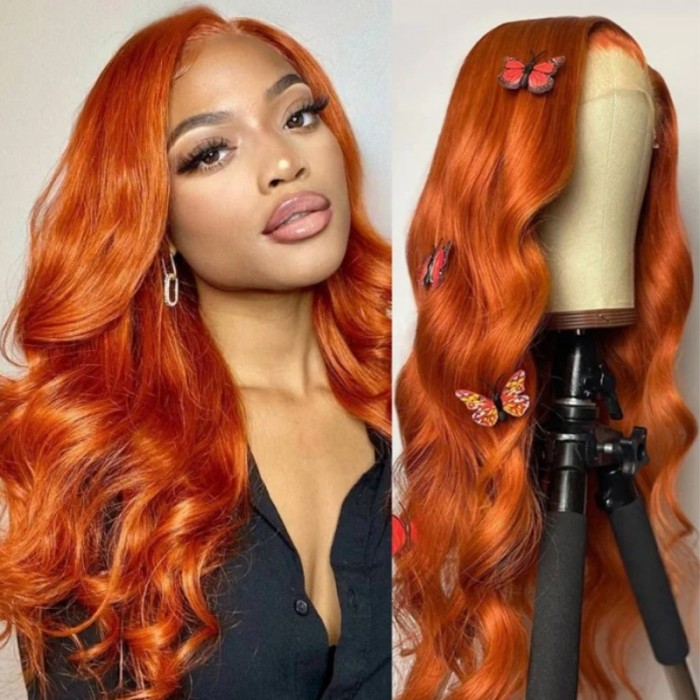 Flash Vente Ginger Couleur Lace Front Body Wave Humain Cheveux Wavy Perruque 180% Densité