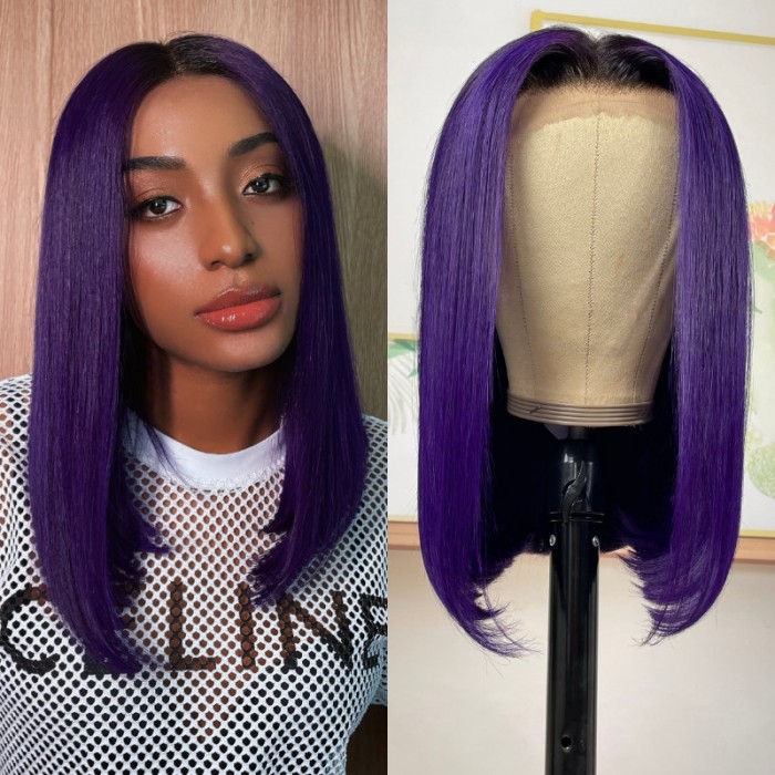 UNice Whatsapp Special Offer 13x4 Lace Front Blunt Cut Bob Dark Purple Wig With Dark Roots