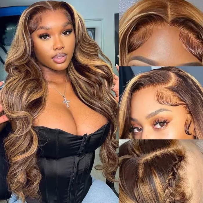 UNice Bye Bye Knots Perruque 7x5 Glueless Lace Honey Blonde Body Wave Avec Blanchi Invisible Knots