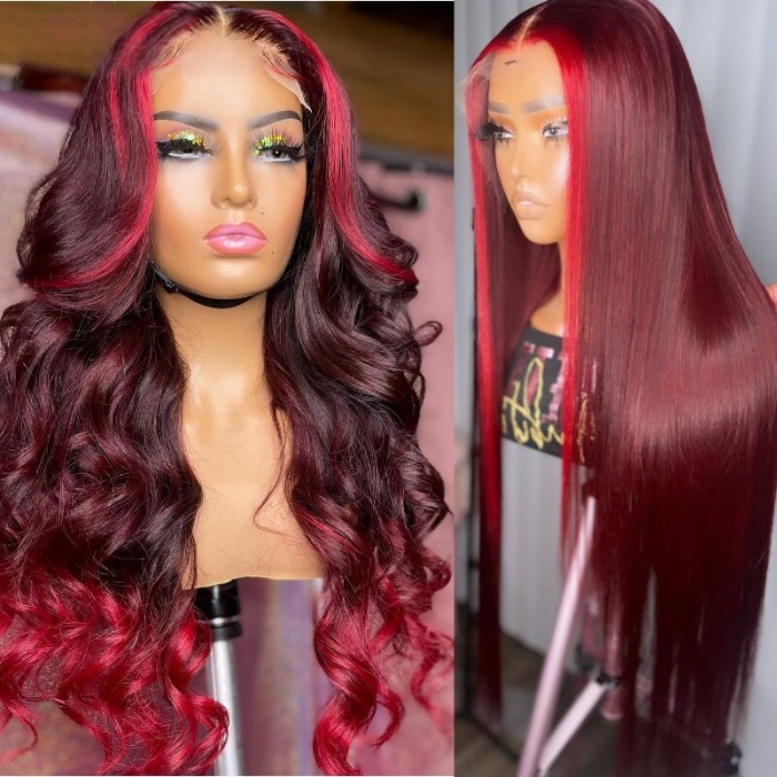 UNice Sombre Bourgogne Avec Rouge Highlights 13x4 Lace Front Loose Wave Perruque