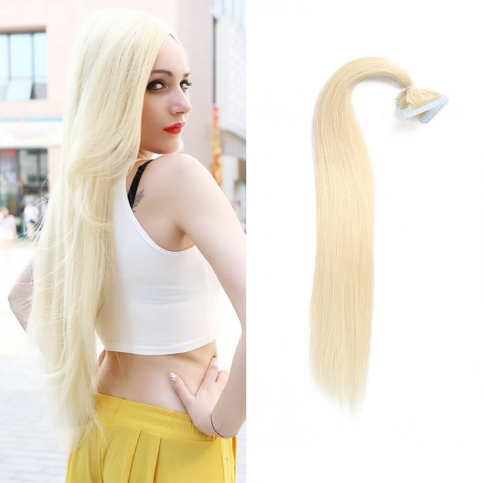 UNice 20pcs 50g Droit Tape In Cheveux Extensions #60 Platium Blonde 100% Vierge Cheveux