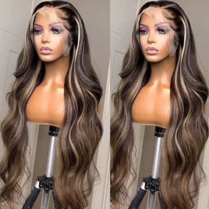UNice 13x4 Chocolat Brun Blonde Highlights Lace Front Body Wave Perruque Beyoncé Inspiré 150% Densité