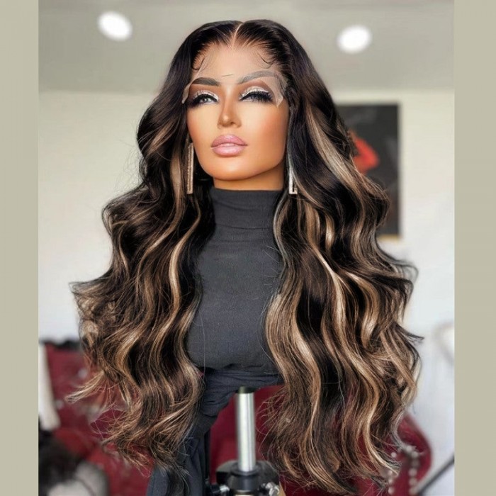 Weekend Sale Chocolate Brown With Peek A Boo Blonde Highlights Loose Wave Lace Front Wig 