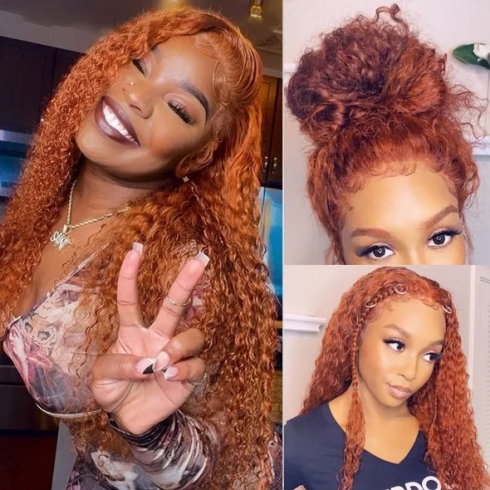 UNice Perruque Ginger Couleur Sans Colle Lace Part Bouclé Humain Cheveux Perruque 