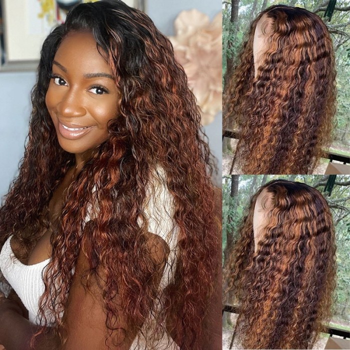 UNice Honey Blonde Balayage Caramel Highlights Water Wave Lace Front Perruque