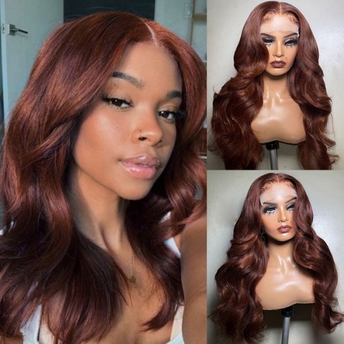 UNice Rouge Brun 33B Couleur Body Wave Humain Cheveux Lace Front Perruque Couleur Rouge