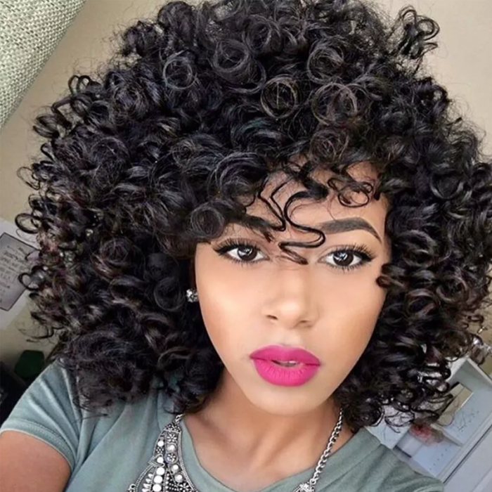 UNice Courte Bob Naturelle Noire Couleur Afro Bouclé Perruques avec Franges Humain Cheveux pour Femme 12 pouces