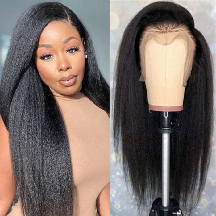 UNice Sans Colle Kinky Lisse Yaki Lace Front Perruque Humain Cheveux
