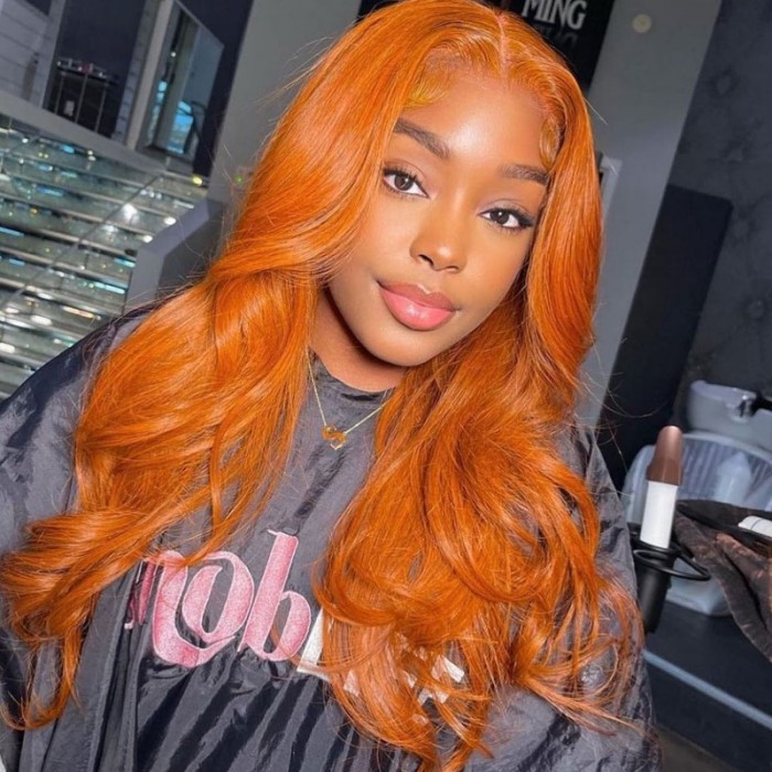 18 Pouces Vente Flash gingembre Orange Body Wave Humain Cheveux Lace Part Perruques Pour Femme