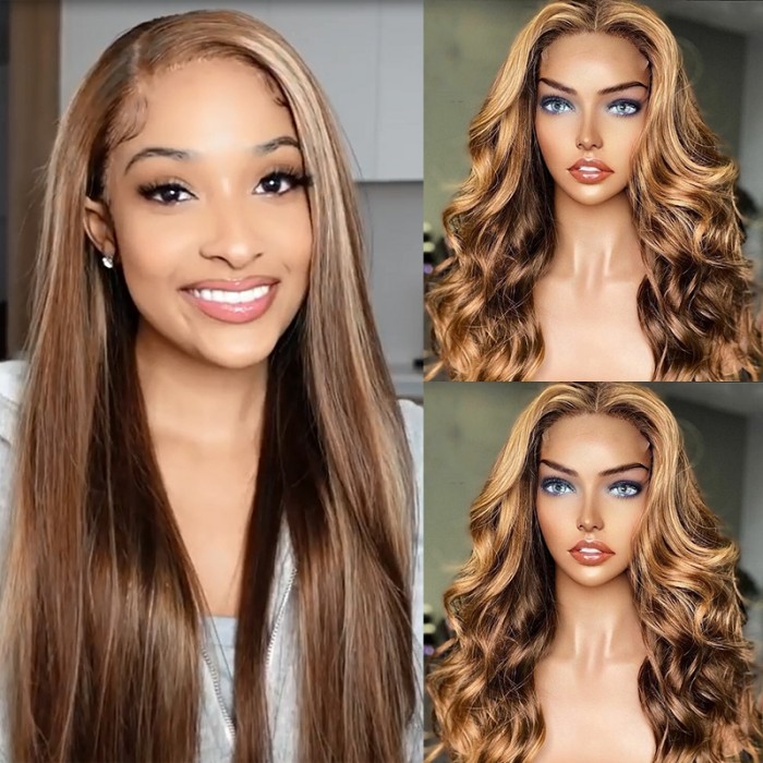 UNice Honey Blonde Couleur Highlight Lace Perruques Humain Cheveux Body Wave Perruque