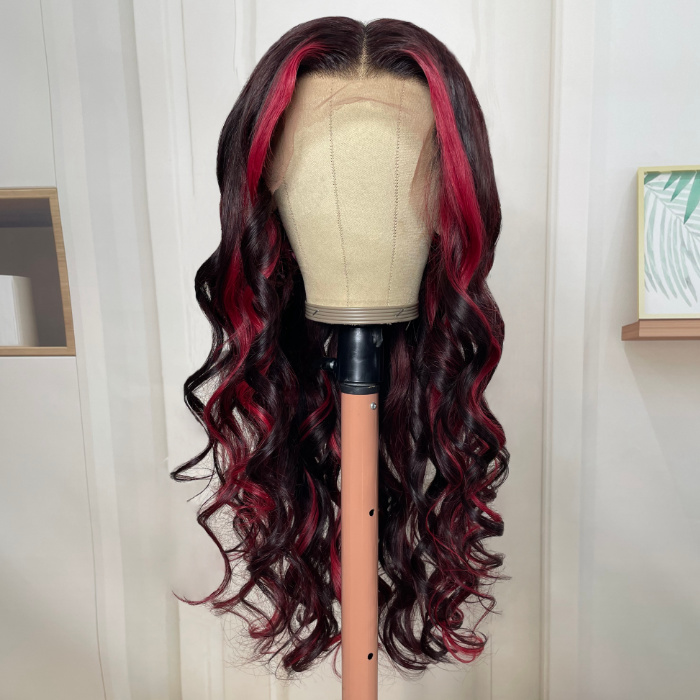 Unice Sombre Bourgogne Avec Rouge Highlights X Lace Front Loose Wave